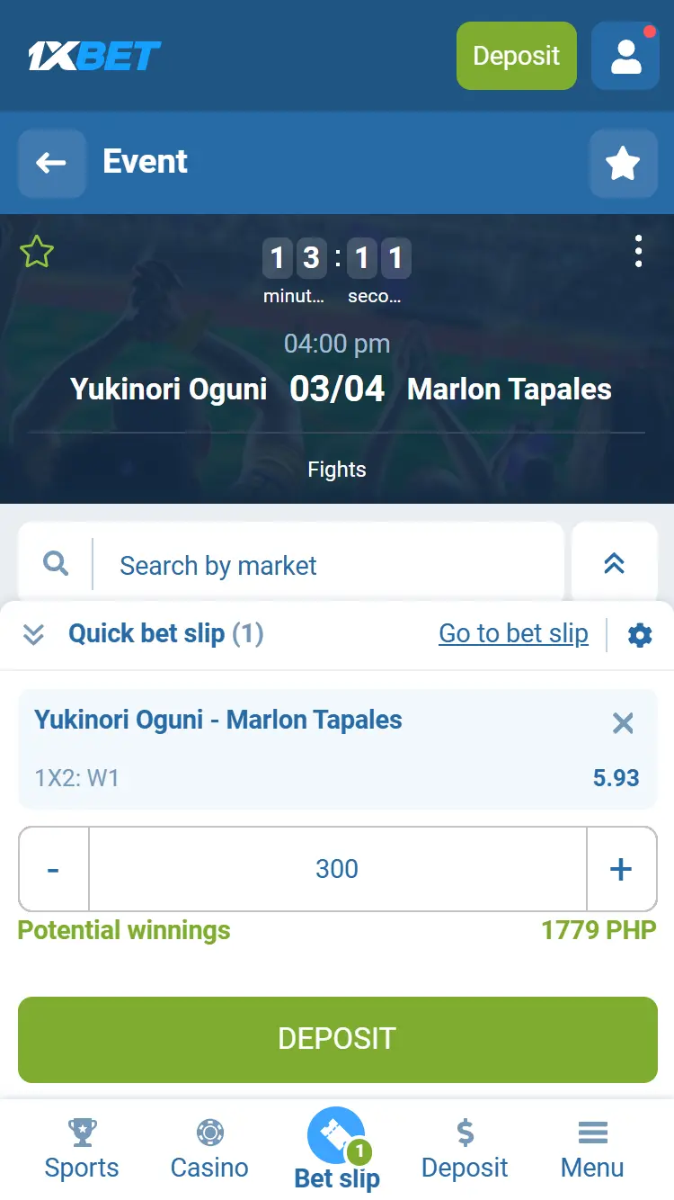 1xbet PH Betslip
